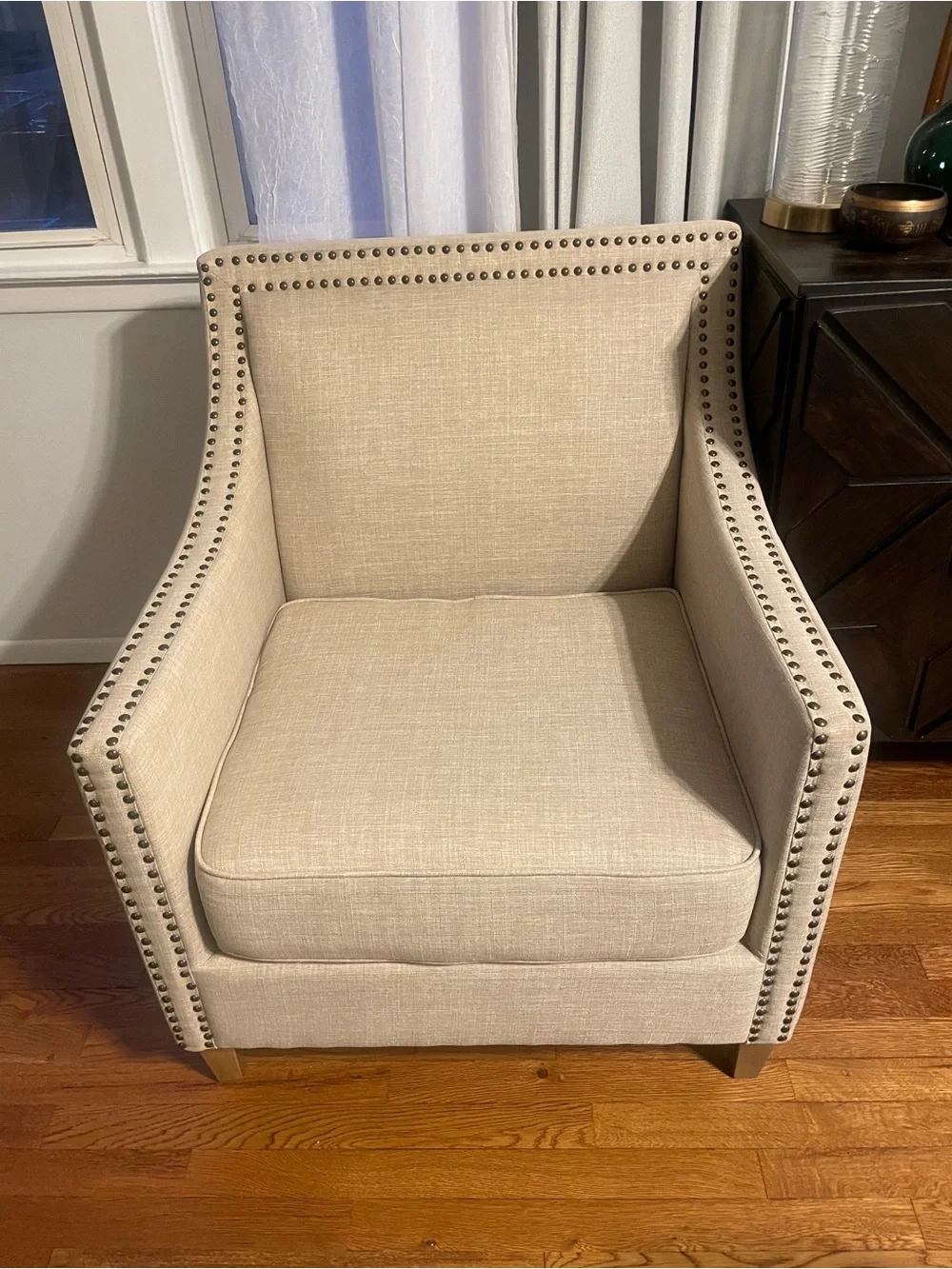 Beige Nailhead Accent Chair - Neutral Linen-Style Home Accent